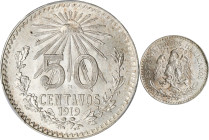 MEXICO. 50 Centavos, 1919-M. Mexico City Mint. PCGS MS-64.
KM-447. This pleasant near-Gem offers nice luster and strong details, with an argent and s...