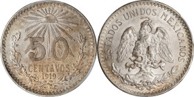 MEXICO. 50 Centavos, 1919-M. Mexico City Mint. PCGS MS-62.
KM-446. A wholesome piece, with good luster and a touch of vibrant toning throughout.

E...