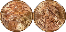 MEXICO. 20 Centavos, 1959-M. Mexico City Mint. NGC MS-67 Red.
KM-440. Displaying with soft almost rose gold color, this Superb Gem is a sight to beho...