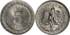 MEXICO. 5 Centavos, 1913-M. Mexico City Mint. PCGS MS-63.
KM-421. Rather flashy argent, with a sharp brilliance to the fields and very well formed de...