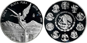 MEXICO. Onza, 2010-Mo. Mexico City Mint. NGC PROOF-69 Ultra Cameo.
KM-639. Mintage: 10,000. A nearly flawless proof, this deeply cameoed specimen dis...
