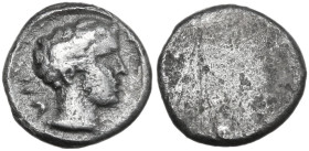 Greek Italy. Etruria, Populonia. AR 2.5-Asses, 3rd century BC. Obv. Male head right; behind, UII. Linear border. Rev. Blank. Vecchi EC 95; HN Italy 17...
