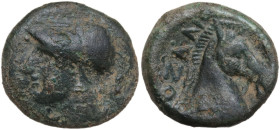 Greek Italy. Etruria, Cosa. AE Quartuncia, c. 273-250 BC. Obv. Head of Cosa left, wearing crested helmet. Rev. [C]OZANO. Bridled horse' s head right. ...