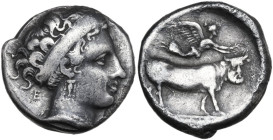 Greek Italy. Central and Southern Campania, Neapolis. AR Nomos, c. 350-325 BC. Obv. Head of nymph right, wearing broad headband; E behind neck. Rev. M...