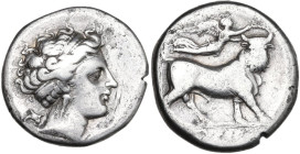 Greek Italy. Central and Southern Campania, Neapolis. AR Didrachm, c. 400-385 BC. Obv. Head of nimph right; behind, astragalus. Rev. Man-faced bull ri...