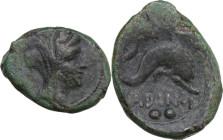 Greek Italy. Eastern Italy, Larinum. AE Biunx, c. 210-175 BC. Obv. Veiled and wreathed female head right. Rev. Dolphin right; below, LADINOD / two pel...