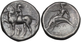 Greek Italy. Southern Apulia, Tarentum. AR Nomos, c. 380-340 BC. Obv. Nude youth on horseback left, crowning horse and holding reins; Λ below foreleg ...