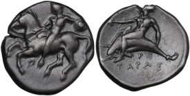 Greek Italy. Southern Apulia, Tarentum. AR Nomos, c. 380-340 BC. Obv. Naked horseman dismounting left, holding small round shield; Π below. Rev. Phala...