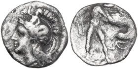 Greek Italy. Southern Apulia, Tarentum. AR Diobol, 380-325 BC. Obv. Helmeted head of Athena left. Rev. Herakles standing right, lifting lion with neck...