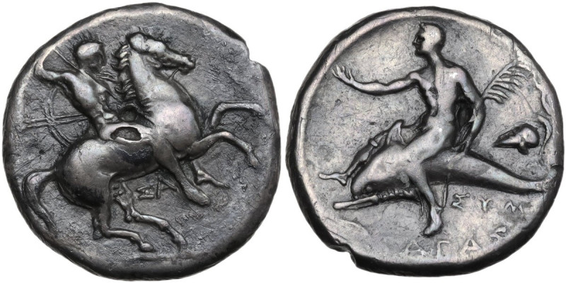 Greek Italy. Southern Apulia, Tarentum. AR Nomos, c. 315 BC. Obv. Warrior, prepa...