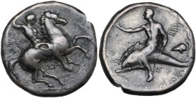 Greek Italy. Southern Apulia, Tarentum. AR Nomos, c. 315 BC. Obv. Warrior, preparing to throw spear and holding shield, on horse rearing right; ΣA bel...