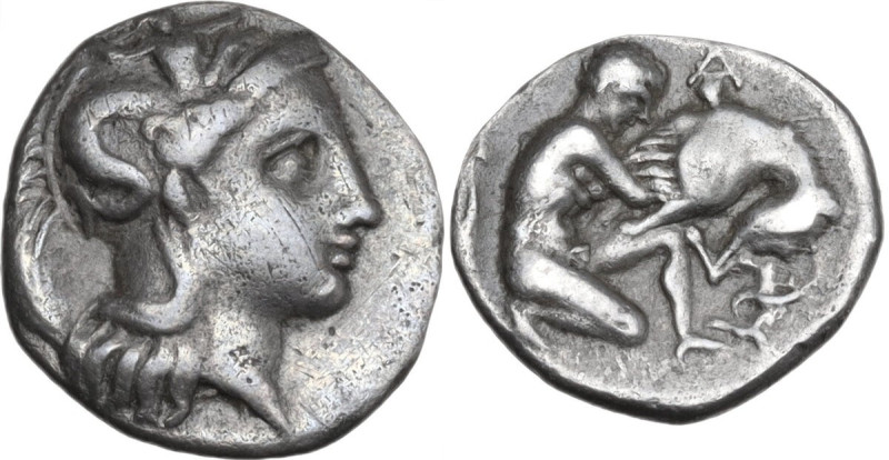 Greek Italy. Southern Apulia, Tarentum. AR Diobol, c. 380-325 BC. Obv. Head of A...
