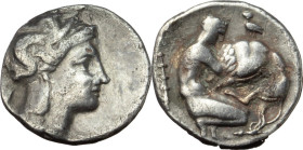 Greek Italy. Southern Apulia, Tarentum. Fourrée (?) Diobol, c. 325-280 BC. Obv. Head of Athena right, wearing helmet decorated with Skylla. Rev. Herak...