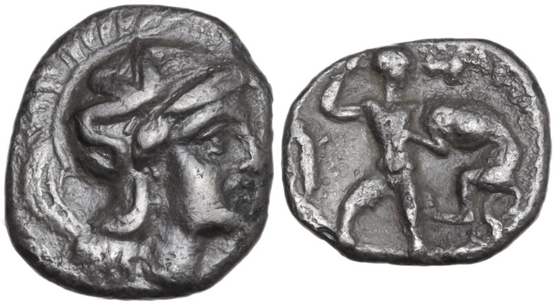 Greek Italy. Southern Apulia, Tarentum. AR Diobol, c. 380-325 BC. Obv. Head of A...