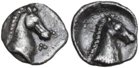 Greek Italy. Southern Apulia, Tarentum. AR Three-Quarter Obol, c. 325-280 BC. Obv. Head of bridled horse right; in front, three pellets. Rev. Head of ...