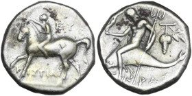 Greek Italy. Southern Apulia, Tarentum. AR Nomos, 272-240 BC. Obv. Youth on horseback left, crowning horse with wreath; EY behind, TIΣTIAP below. Rev....