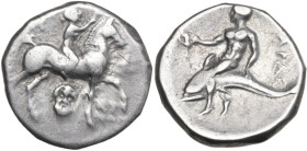 Greek Italy. Southern Apulia, Tarentum. AR Nomos, c. 272-240 BC. Obv. Nude youth on horseback right, crowning horse and holding rein; monogram to left...