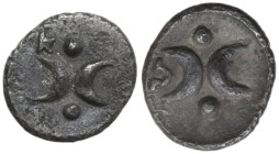Greek Italy. Southern Apulia, Tarentum. AR Hemiobol, c. 280-228 BC. Obv. Two crescents back-to-back; two pellets around; to left, K. Rev. Two crescent...