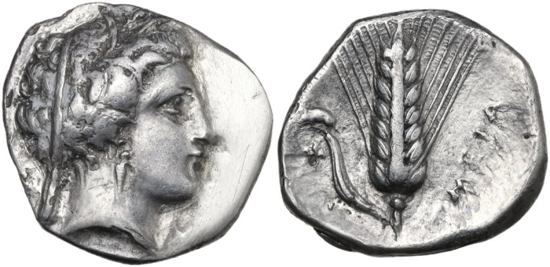Greek Italy. Southern Lucania, Metapontum. AR Stater, c. 340-330 BC. Obv. Head o...