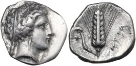 Greek Italy. Southern Lucania, Metapontum. AR Stater, c. 340-330 BC. Obv. Head of Demeter right, wearing grain-ear wreath and triple-pendant earring; ...