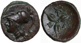 Greek Italy. Southern Lucania, Metapontum. AE 14.5 mm, c. 300-250. Obv. Head of Athena left wearing crested Corinthian helmet. Rev. Three barley-grain...