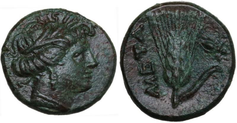 Greek Italy. Southern Lucania, Metapontum. AE 14 mm. c. 300-250 BC . Obv. Head o...