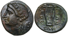 Greek Italy. Southern Lucania, Thurium. AE 14.5 mm. c. 280-260 BC. Obv. Laureate head of Apollo left; monogram behind. Rev. ΘΟΥ/ΡΙΩΝ. Lyre; below, ΣΩΦ...