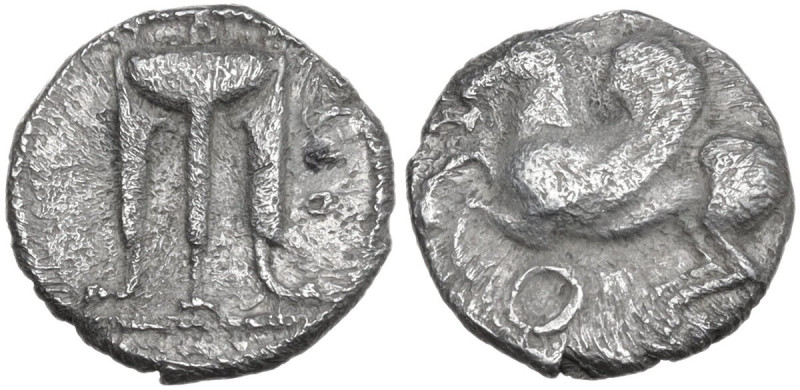 Greek Italy. Bruttium, Kroton. AR Triobol, c. 525-425 BC. Obv. ϘPO. Tripod with ...