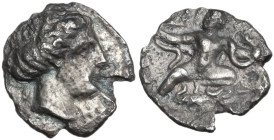 Greek Italy. Bruttium, Kroton. AR Triobol, c. 400-325 BC. Obv. Head of Persephone right, hair bound in ampyx and sphendone; olive-spray behind. Rev. I...