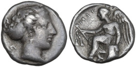 Greek Italy. Bruttium, Terina. AR Triobol, c. 420-400 BC. Obv. Head of female (the nymph Terina?) right, hair in sphendone; Π behind neck. Rev. TEPI (...