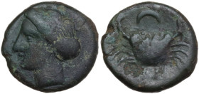 Greek Italy. Bruttium, Terina. AE 16 mm. c. 350-275 BC. Obv. Head of nymph left. Rev. Crab; crescent between claws; below, TEPI. HN Italy 2646; SNG AN...