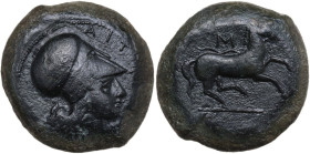 Sicily. Aitna. AE Hemilitron, c. 357-344 BC. Obv. AIT[NAIΩN]. Head of Athena right, wearing Corinthian helmet. Rev. Horse galloping right. M above. CN...