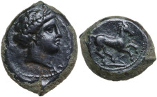 Sicily. Aitna. AE 20.5 mm. c. 355-339 BC. Obv. [ΑΙΤΝΑΙ]ΩΝ. Head of Persephone right, wreathed with grain. Rev. Horse galloping right, trailing reins. ...