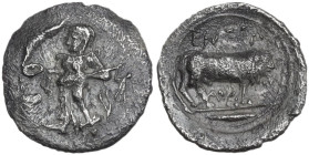 Sicily. Entella. AR litra, c. 430-420 BC. Civic coinage. Obv. Female figure standing left, holding phiale over altar and filleted temple key in arm. R...