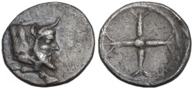 Sicily. Gela. AR Obol, c. 480-470 BC. Obv. Forepart of man-headed bull right. Rev. Four-spoked wheel. HGC 2 372; Jenkins, Gela, Group II, 192. AR. 0.6...