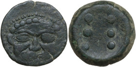 Sicily. Himera. AE Hemilitron-Hexonkion, c. 430-420 BC-. Obv. Gorgoneion facing. Rev. Six pellets. HGC 2 463; CNS III 1. AE. 21.99 g. 28.00 mm. RR. Ve...