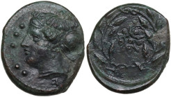 Sicily. Himera. AE Reduced III Hemilitron or Hexonkion c. 415-409 BC. Civic coinage. Obv. Female head left, wearing sphendone, six pellets to left. Re...