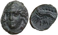 Sicily. Himera. AE Reduced IV Hemilitron or Hexonkion c. 405-383/2 BC. Civic coinage. Obv. Female head facing 3/4 left, wearing tainia. Rev. Crayfish ...