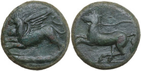 Sicily. Kainon. AE 20.5 mm, c. 360-340 BC. Obv. Winged eagle-griffin flying left; clouds below. Rev. Horse galloping left, trailing reins. HGC 2 509. ...