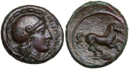 Sicily. Kamarina. AE Tetras, c. 339-300 BC. Obv. Helmeted head of Athena right. Rev. ΚΑΜΑΡΙΝΑΙΩΝ. Horse galloping right; below, corn-ear. CNS III 43; ...