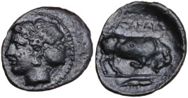 Sicily. Katane. AR Litra, c. 405-402 BC. Obv. Head of nymph left, wearing sphendone. Rev. ΚΑΤΑΝΑΙΩ[N]. Bull butting right; in exergue, crawfish right....