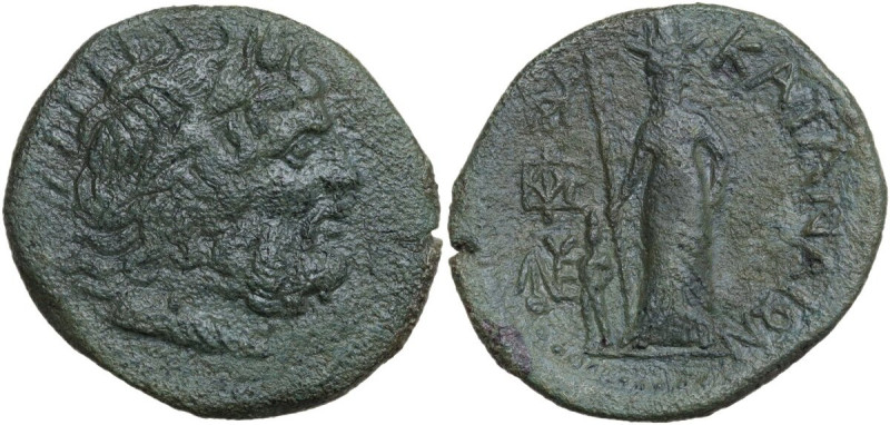 Sicily. Katane. AE 29 mm, 2nd-1st century BC. Obv. Radiate and laureate head of ...