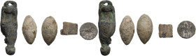 Leads from Ancient World. Greek and Roman Italy. Multiple lot of five (5) lead objects: A Sardo-Punic lead weight with mark of value; a votive lead am...