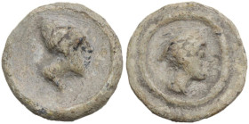 Leads from Ancient World. PB Tessera(?), c. 2nd-1st centuries BC. Obv. Head of Mercury right, wearing winged petasus. Rev. Male head right (Vulcan?), ...
