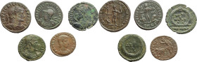 The Roman Empire. Multiple lot of five (5) unclassified AE coins of 4th century AD: Licinius I; Licinius II; Constantius Gallus; Julian II; Maxentius....