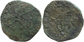 Carlo Emanuele I (1580-1630). 2 fiorini. Cf. MIR (Savoia) 647; Sim. 60; Biaggi 564. AE. 5.40 g. 26.50 mm. Interessante falso d'epoca privo d'argentatu...