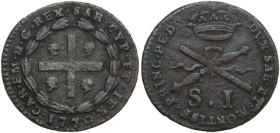 Carlo Emanuele III (1730-1773). Monetazione per la Sardegna. Soldo sardo 1770. MIR (Savoia) 965c; Sim. 52; Biaggi 830. MI. 1.98 g. 20.00 mm. BB.