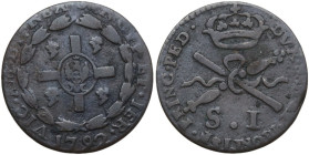 Vittorio Amedeo III (1773-1796), monetazione per la Sardegna. Soldo sardo 1792. MIR (Savoia) 1008e; Sim. 31; Biaggi 869. MI. 1.88 g. 18.00 mm. R. BB.