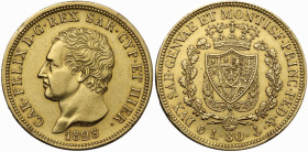 Carlo Felice (1821-1831). 80 lire 1828 Genova. Pag. 31; MIR (Savoia) 1032i. AU. 25.74 g. 32.00 mm. Colpetti al ciglio. BB.