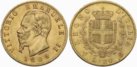Vittorio Emanuele II (1861-1878). 20 lire 1869 Torino. Pag. 463; MIR (Savoia) 1078j. AU. 6.44 g. 21.00 mm. qSPL/SPL.